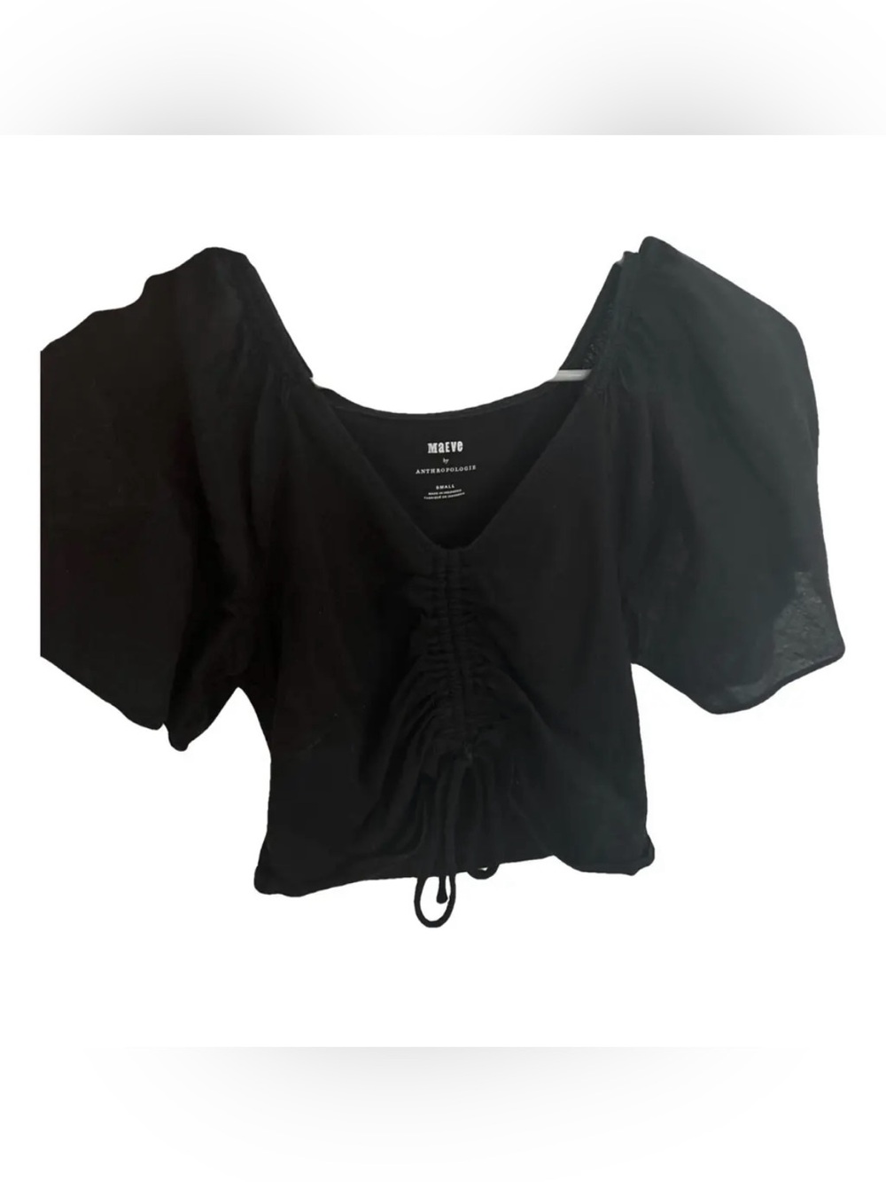 Anthropologie Black Ruched V-Neck Puff Sleeve Crop Top